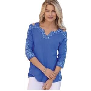 Soft Surroundings Simpatico Embroidered Blue Top  XL L M NWT